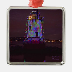 Ornement Carré Argenté Phare à Noël
