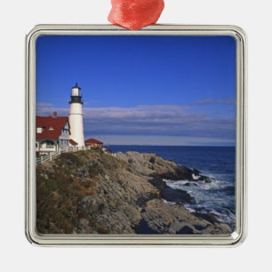 Ornement Carré Argenté Phare de Portland Head Light Maine