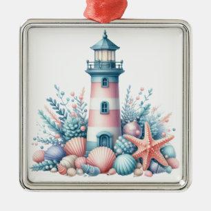 ORNEMENT CARRÉ ARGENTÉ PHAROS DE NOËL NAUTIQUE ROSE ET BLEU PASTEL