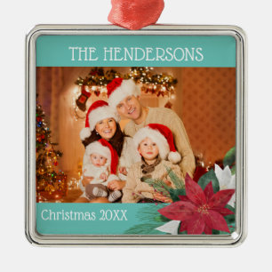 Ornement Carré Argenté Photo Christmas Poinsettia