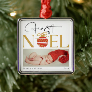 Ornement Carré Argenté Photo de bébé pour le premier Noël minimaliste