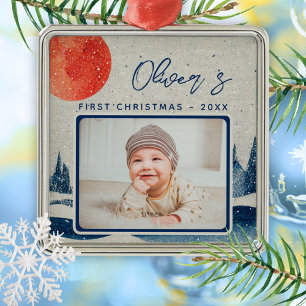 Ornement Carré Argenté Photo de bébé pour son premier Noël en forêt hiver