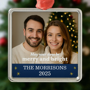 Ornement Carré Argenté Photo de famille Marine Blue and Gold Snowflake