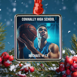 Ornement Carré Argenté Photo de joueur de basket-ball au lycée pour Noël