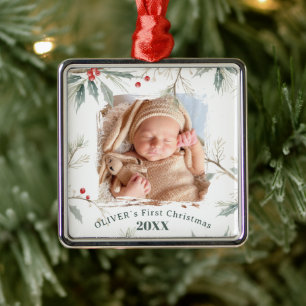 Ornement Carré Argenté Photo de Noël de bébé avec feuillage d'hiver et ho