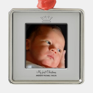 Ornement Carré Argenté Photo de Noël de bébé de prince Crown première