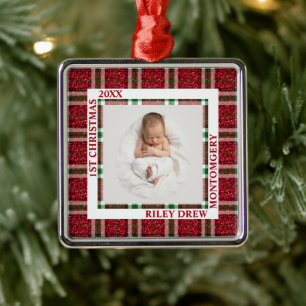 Ornement Carré Argenté Photo de Noël de bébé en tartan