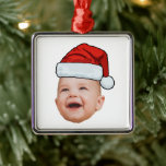 Ornement Carré Argenté Photo de visage de bébé personnalisé Noël du Père<br><div class="desc">Personnalisé Baby Face Photo Santa Hat Noël Ornement en métal</div>