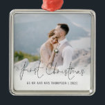 Ornement Carré Argenté Photo First Christmas Mr Mrs Name Year<br><div class="desc">Photo Overlay First Christmas As Mr And Mrs Name Year. To celebrate your first holiday as a married couple, easily personalize your names and year. With a stylish set script for First Christmas. Choose your favorite photo to replace the sample picture. Changes to colors of text can be made to...</div>
