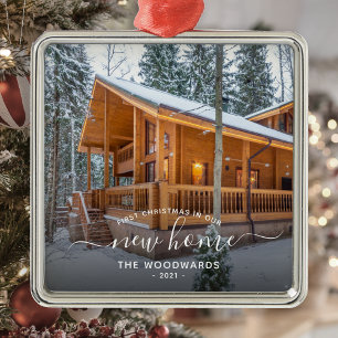 Ornement Carré Argenté Photo First Christmas Nouveau Home White Script