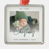 Ornement Carré Argenté Photo minime du premier script vert de Noël du béb (Devant)