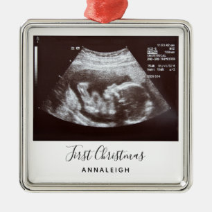 Ornement Carré Argenté Photo Ultrasound Première Grossesse de Noël