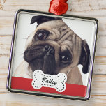 Ornement Carré Argenté Photos d'animaux de compagnie sur Cute Dog Bone Aj<br><div class="desc">Ajoutez le nom de l'animal dans une typographie de script ludique sur une simple plaque de nom d'os de chien. Ajoutez une photo d'animal de compagnie personnalisée.</div>