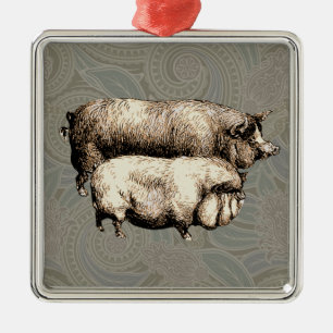 Ornement Carré Argenté Pig Farm Pays Antique Illustration Art