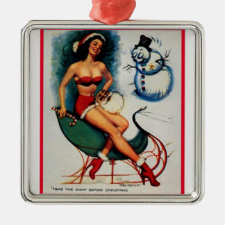 Ornement Carré Argenté Pin Up Girl on Sleigh