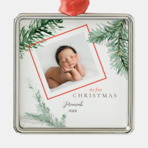 Ornement Carré Argenté Pine Bough Enfant Photo Mon 1er Noël