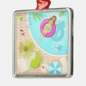 Ornement Carré Argenté Piscine fille en bikini plage d'été (Gauche)