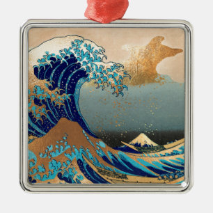 Ornement Carré Argenté PixDezines Vintage Grande Vague Hokusai 葛飾北斎の神奈川沖浪