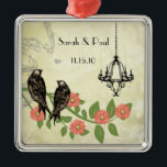 Ornement Carré Argenté Plum Vintage Bird Save the Date Chandelier<br><div class="desc">Chandelier vintage Lovebird First Christmas Keepsaké Ornements Mariage Keepsaké Mariage Colliers - pour changer la couleur arrière - plan - cliquez sur personnaliser - cliquez sur modifier - choisissez dernier outil dans le menu déroulant et choisissez l'une des couleurs affichées ou entrez votre code hex rgb pour votre couleur de...</div>