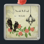 Ornement Carré Argenté Plum Vintage Bird Save the Date Chandelier<br><div class="desc">Chandelier vintage Lovebird First Christmas Keepsaké Ornements Mariage Keepsaké Mariage Colliers - pour changer la couleur arrière - plan - cliquez sur personnaliser - cliquez sur modifier - choisissez dernier outil dans le menu déroulant et choisissez l'une des couleurs affichées ou entrez votre code hex rgb pour votre couleur de...</div>