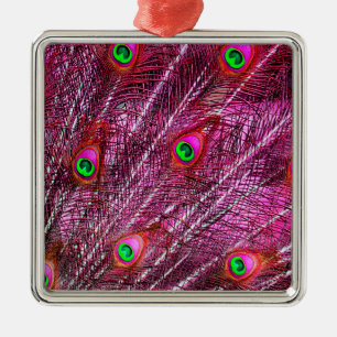Ornement Carré Argenté Plumes de paon rouge plumage de couleur