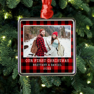 Ornement Carré Argenté Police de machine à écrire Rouge Couple de plaid P