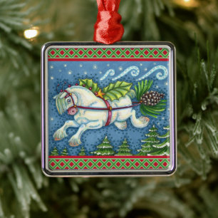 ORNEMENT CARRÉ ARGENTÉ PONY PULLING PINECONE SLEIGH DE NOËL VOLANT