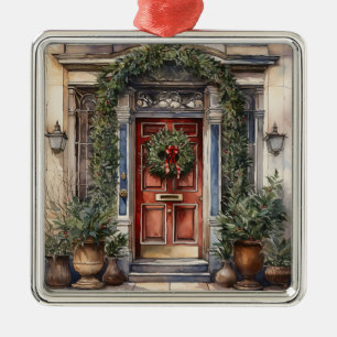 Ornement Carré Argenté PORTE DE NOËL vintage ET DÉCORÉE