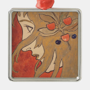 Ornement Carré Argenté Portrait d'une belle femme en rouge (Art Nouveau)