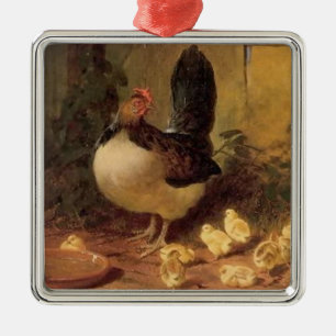 Ornement Carré Argenté Poule mère fière et ses poussins (Bébés poulets)