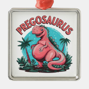 Ornement Carré Argenté Pregosaurus Funny Grossesse Faire-part Dino Maman