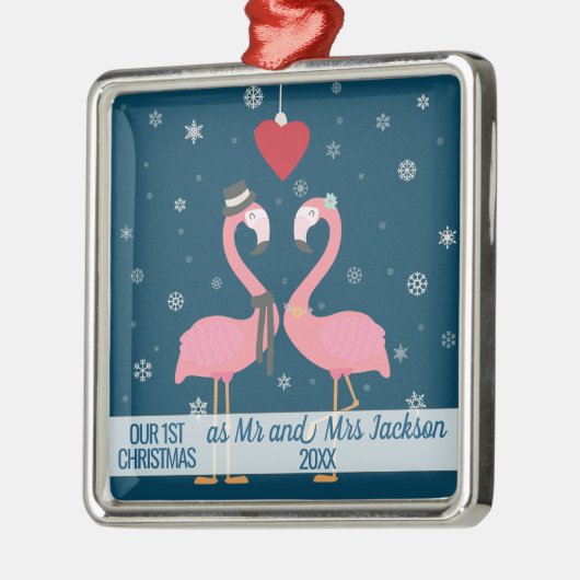 Ornement Carré Argenté Premier flamants mariés de Noël (Gauche)