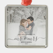 Ornement Carré Argenté Premier Marié Noël Custom Photo Script gris (Devant)