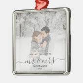 Ornement Carré Argenté Premier Marié Noël Custom Photo Script gris (Gauche)