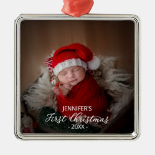 Ornement Carré Argenté Premier Noël de Bébé Ajoutez Votre Photo