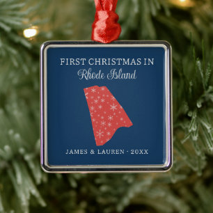 Ornement Carré Argenté Premier Noël de couple dans l'État de Rhode Island