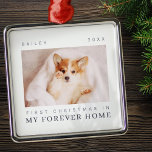 Ornement Carré Argenté Premier Noël de l'animal de compagnie dans Forever<br><div class="desc">Design est composé de typographie chic moderne avec sans serif et serif police. Ajoutez une photo personnalisée de l'animal de compagnie adopté et de l'année.</div>