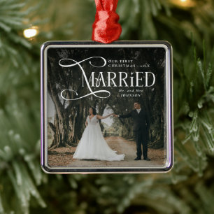 Ornement Carré Argenté Premier Noël de mariage photo de couple M. et Mme