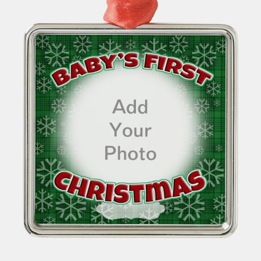 Ornement Carré Argenté Premier Noël du bébé (Devant)