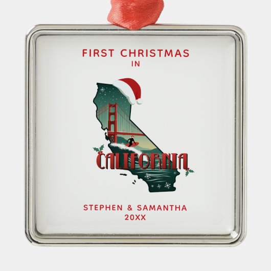 Ornement Carré Argenté Premier Noël En Californie État Personnalisé (Devant)