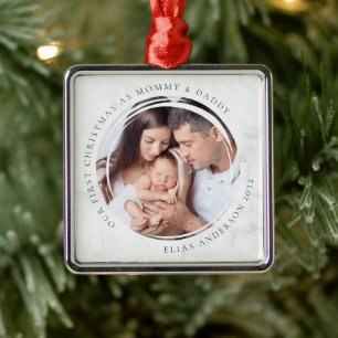 Ornement Carré Argenté Premier Noël en photo de maman et papa marbre