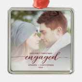 Ornement Carré Argenté Premier Noël Engagé Photo Rouge Modern Script (Devant)