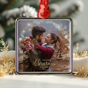Ornement Carré Argenté Premier Noël Engagé Wreath Fiançailles doré