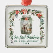 Ornement Carré Argenté Premier Noël Floral Hiver Cerf Vert (Devant)