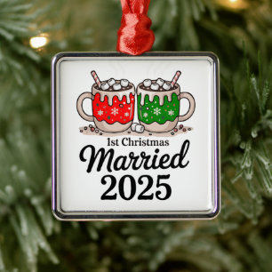 Ornement Carré Argenté Premier Noël Marié 2025 Chocolat chaud mignon