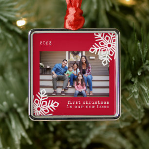Ornement Carré Argenté Premier Noël Notre nouvelle maison Red Snowflon Ph