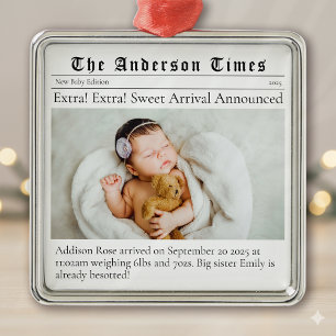 Ornement Carré Argenté Première Faire-part de naissance de Noël du bébé