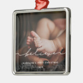 Ornement Carré Argenté Première photo de Noël de Modern Believe Baby (Gauche)