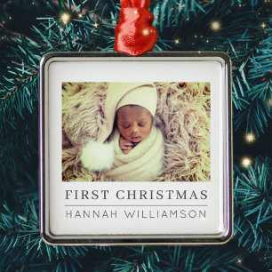Ornement Carré Argenté Première photo minimaliste moderne de Noël
