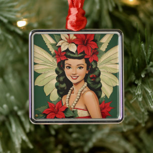 Ornement Carré Argenté Princesse de Noël Tropical Rétro 50s